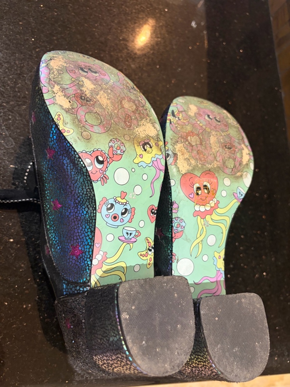 Irregular Choice Black Glitter chunky mid-heel with Rainbow Scale & Pink Stars - Picture 6 of 6